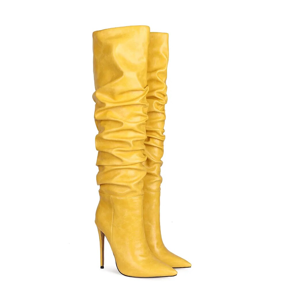 Yellow Pleated Knee Boots