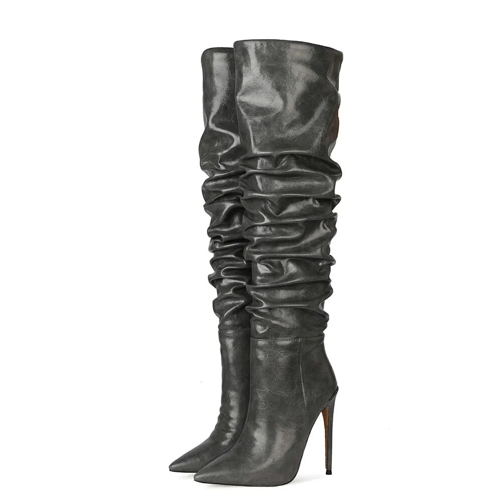 Gray Pleated Stiletto Knee Boot