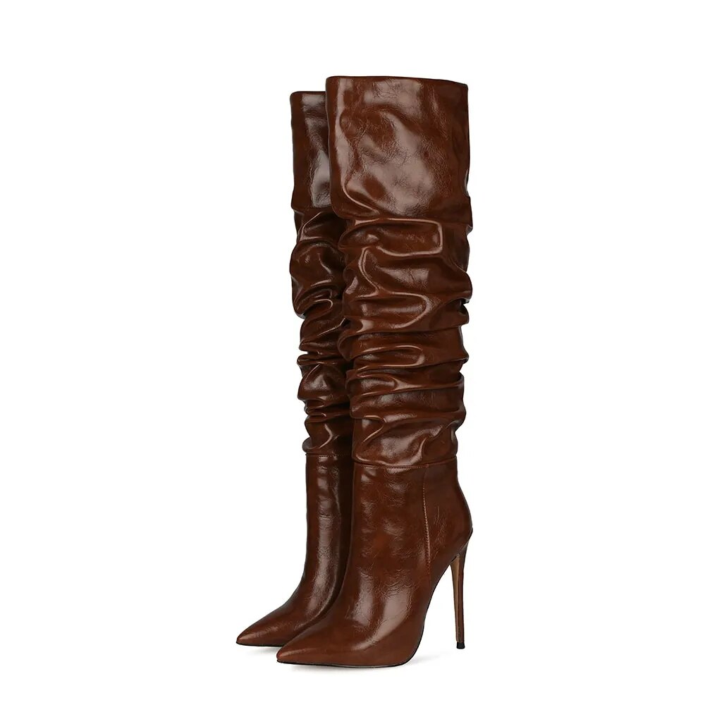 Brown Pleated Knee High Boots