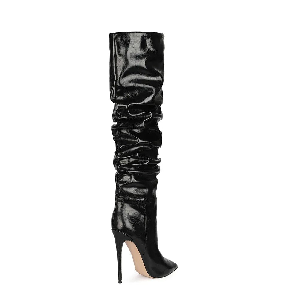 Black Pleated knee High Boot