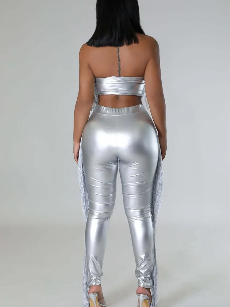 Metallic Tassel Crop Top Pants Sets