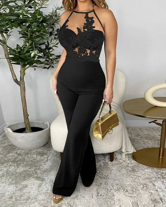 Lace Spaghetti Strap Sheer Mesh Jumpsuit