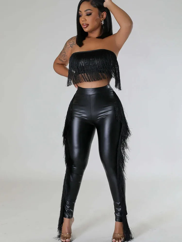 Metallic Tassel Crop Top Pants Sets