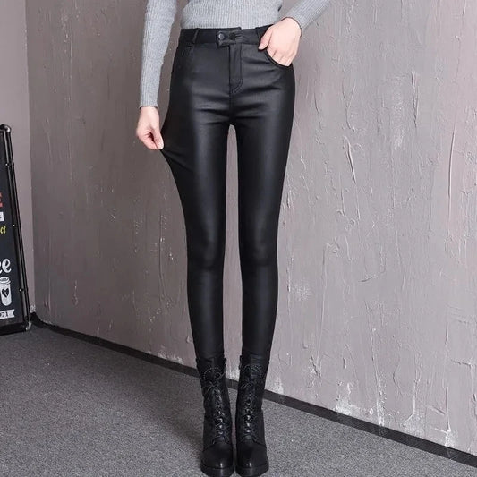 Women Skinny High Waist Faux Leather Pants