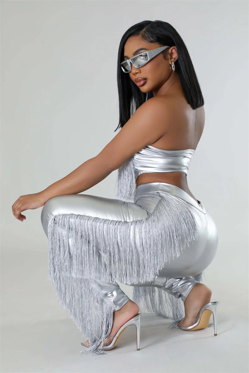 Metallic Tassel Crop Top Pants Sets