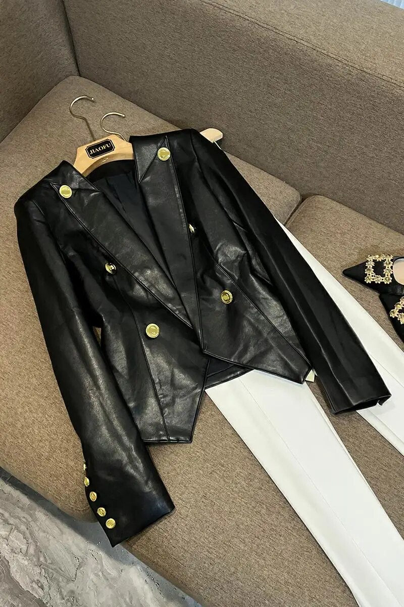 Lapel Collar Fashion PU Jacket