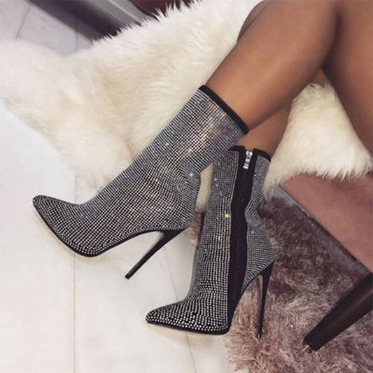 Rhinestone Mid Calf Boots - Nightlife Dresses